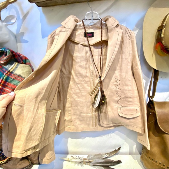 Upcycled FOLK back embroidery w farmhouse shabby chic vibe linen jacket - Picture 13 of 16